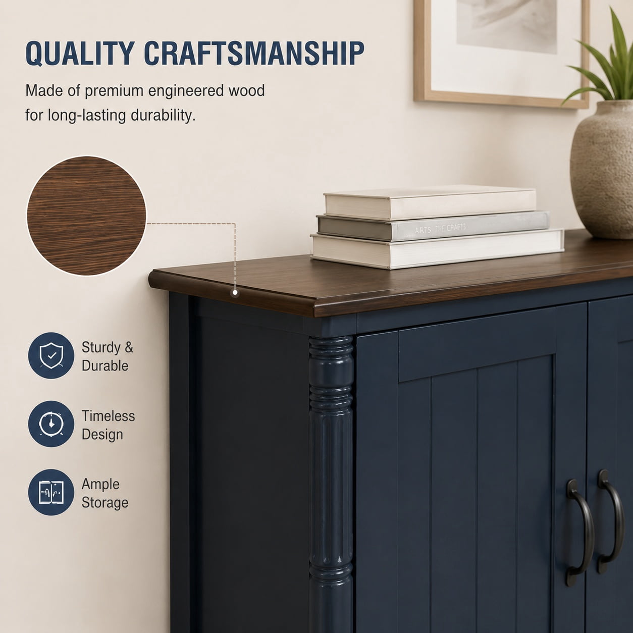 Aukfa 40" Farmhouse Accent Storage Cabinet, Solid Pine Wood Frame,Storage Organizer for Entryway & Living Room,Blue