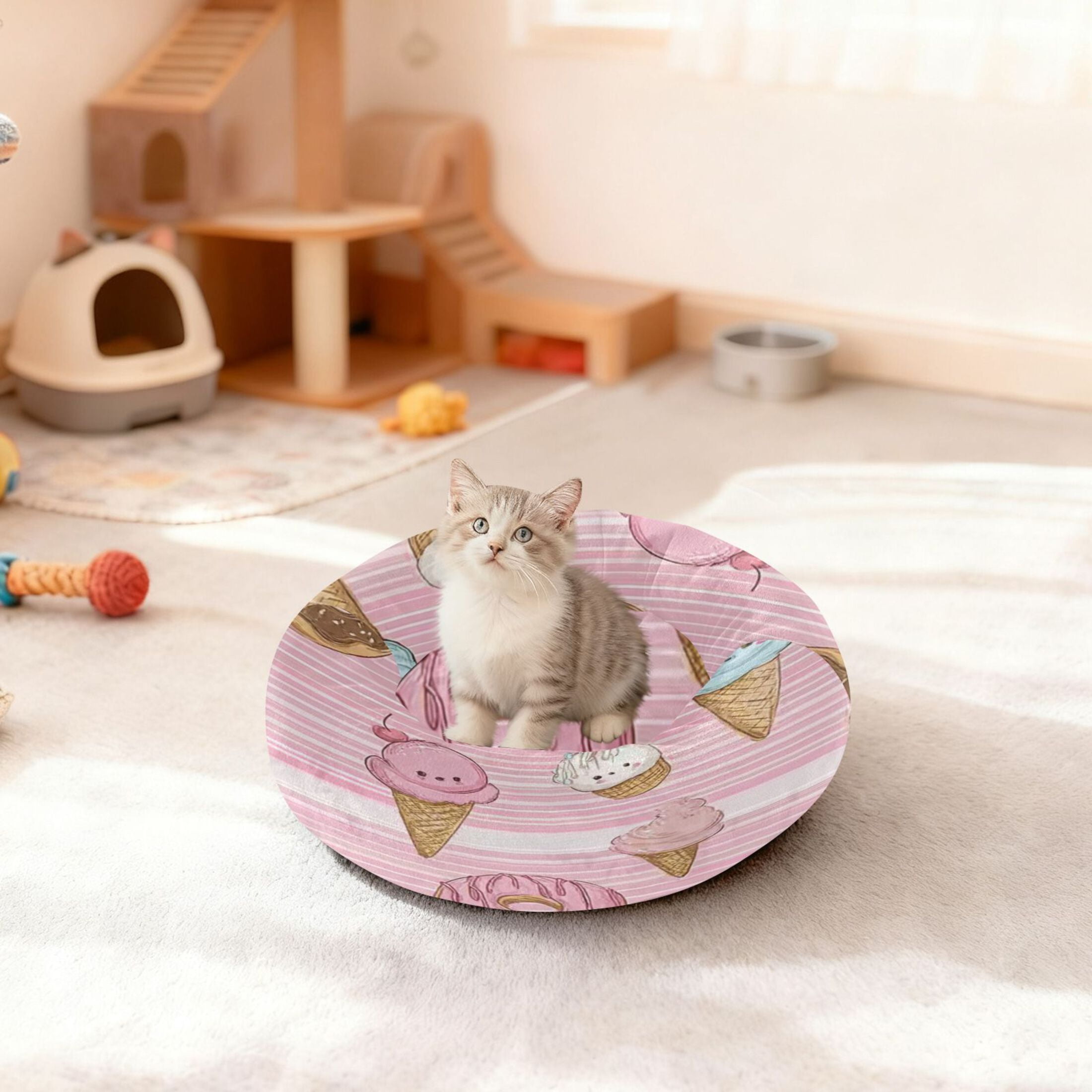 Iauyy Pet Couch Donut Cat Bed for Indoor Cats/Small Dogs Washable & Machine with Non-slip Bottom Calming Cat Furniture, Ice Cream (M)