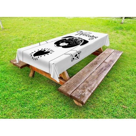 

Pug Outdoor Tablecloth Cute Black and White Dog with Welcome Word over its Head Hospitality Happiness Image Decorative Washable Fabric Picnic Table Cloth 58 X 84 Inches Black White by Ambesonne