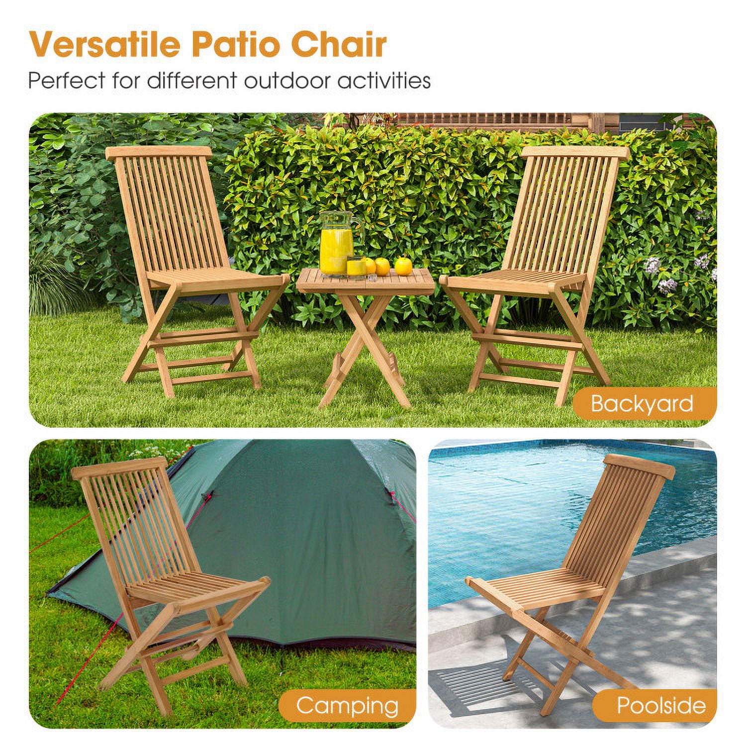 Aimee Lii Set of 2 Teak Patio Folding Chairs with High Back and Slatted Seat, Outdoor Patio Set