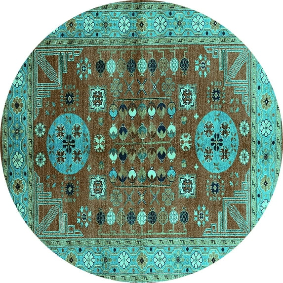 Ahgly Company Machine Washable Indoor Round Oriental Turquoise Blue Industrial Area Rugs, 6' Round