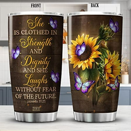 

Athenstics Sunflower Tumbler With Motivational Quote She Laughs Without Fear Of The Future Vintage Farmhouse Christian Cups For Women 20oz Sunflowers Butterflies Bible Verse Scripture