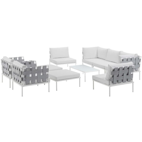 Modern Contemporary Urban Design Outdoor Patio Balcony Ten PCS Sectional Sofa Set, White, Rattan