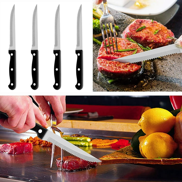 McCook MC59B Steak Knives Set of 6,4.5 Inch Non-stick One-piece Stainless  Steel Steak Knives Sets,Black