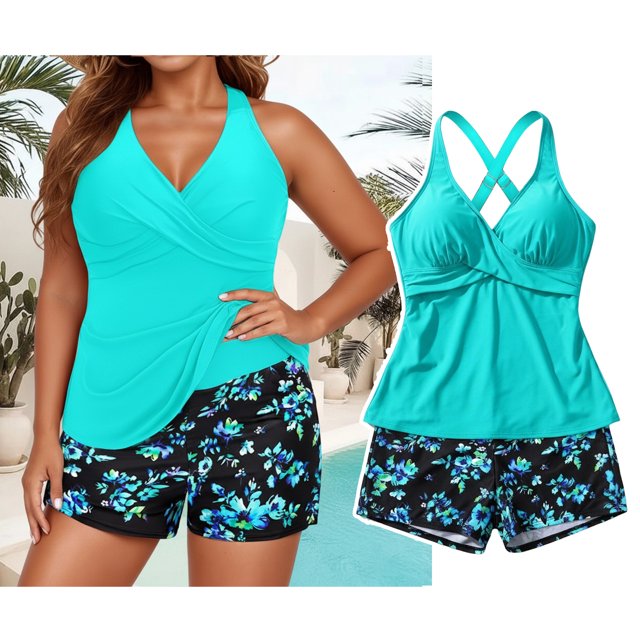 Plus Size Tankini Swimsuits for Women Adjustable Strap V Neck Tankini Tops with Swim Shorts Two Piece Bathing Suits