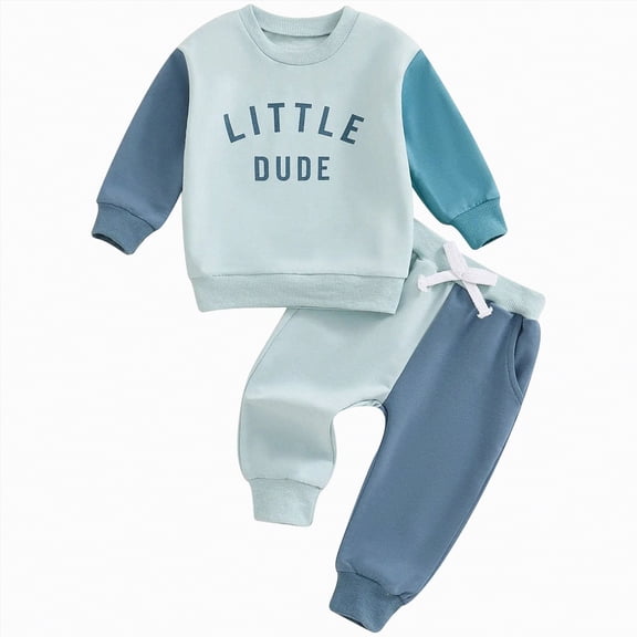 UngA Newborn Baby Boy Fall Clothes Long Sleeve Round Neck Letter Print Sweatshirt Top Long Pants Cute Toddler Winter Outfits (Sky Blue,18-24 Months)