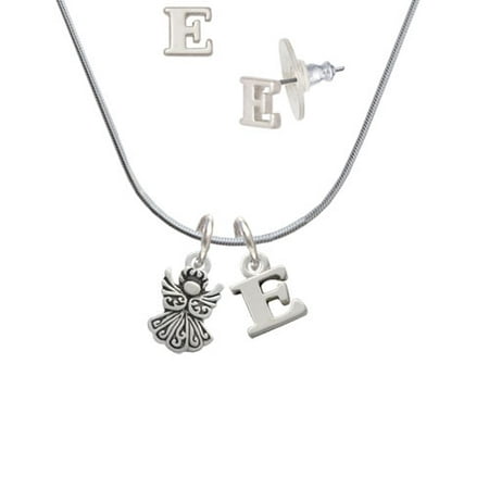 Right Angle Stud - Small Angel - E Initial Charm Necklace and Stud Earrings Jewelry Set