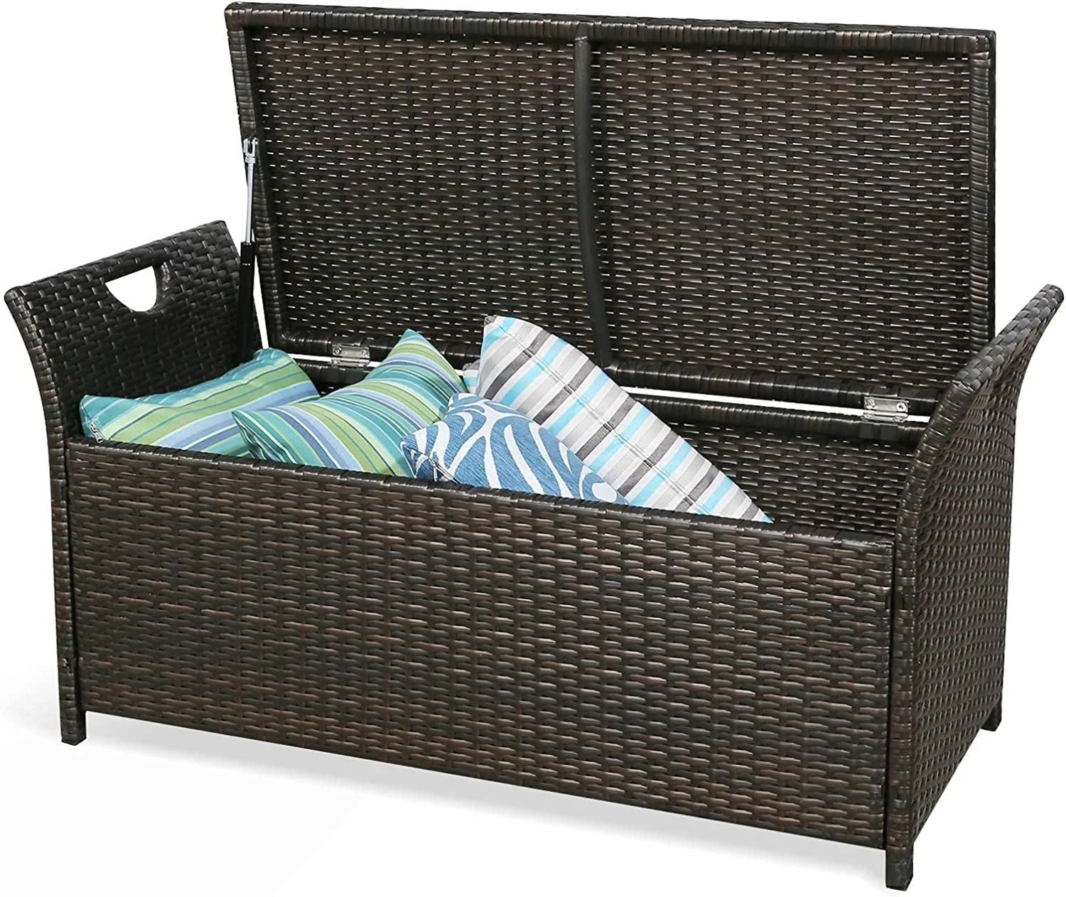 CoSoTower Patio Wicker Storage Bench Outdoor Rattan Deck Storage Box With Cushion