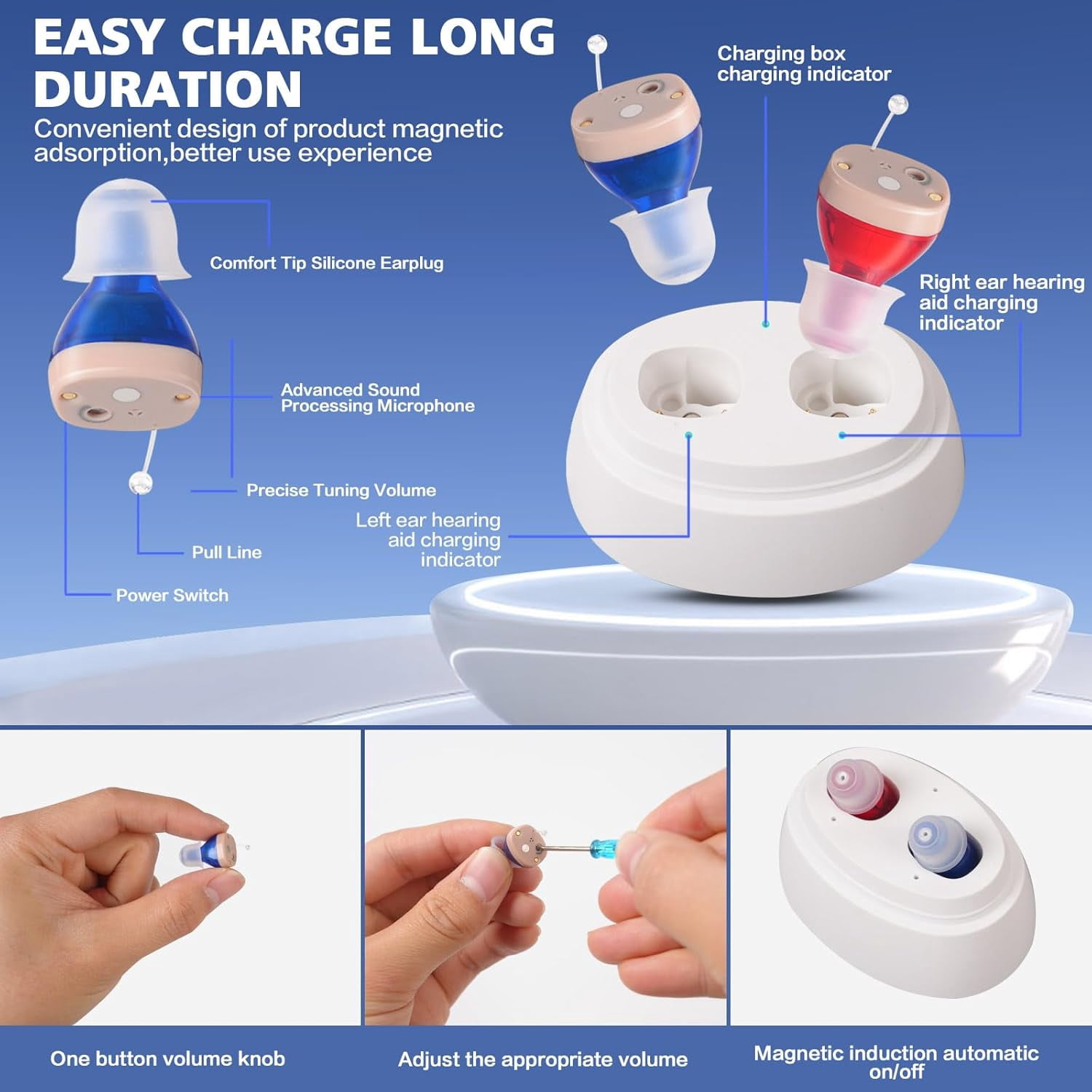Rechargeable Hearing Aids For Seniors With Noise Canceling,Hearing Amplifier For Adults,Digital In Ear Hearing Aids, Hearing Assist Devices With Volume Control Magnetic Contact Charging Box