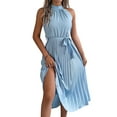 thumbnail image 3 of Women'S 2025 Summer Sleeveless Halter Neck Pleated Midi Cocktail Dresses A Line Flowy Beach Sun Dress Light Blue M, 3 of 9