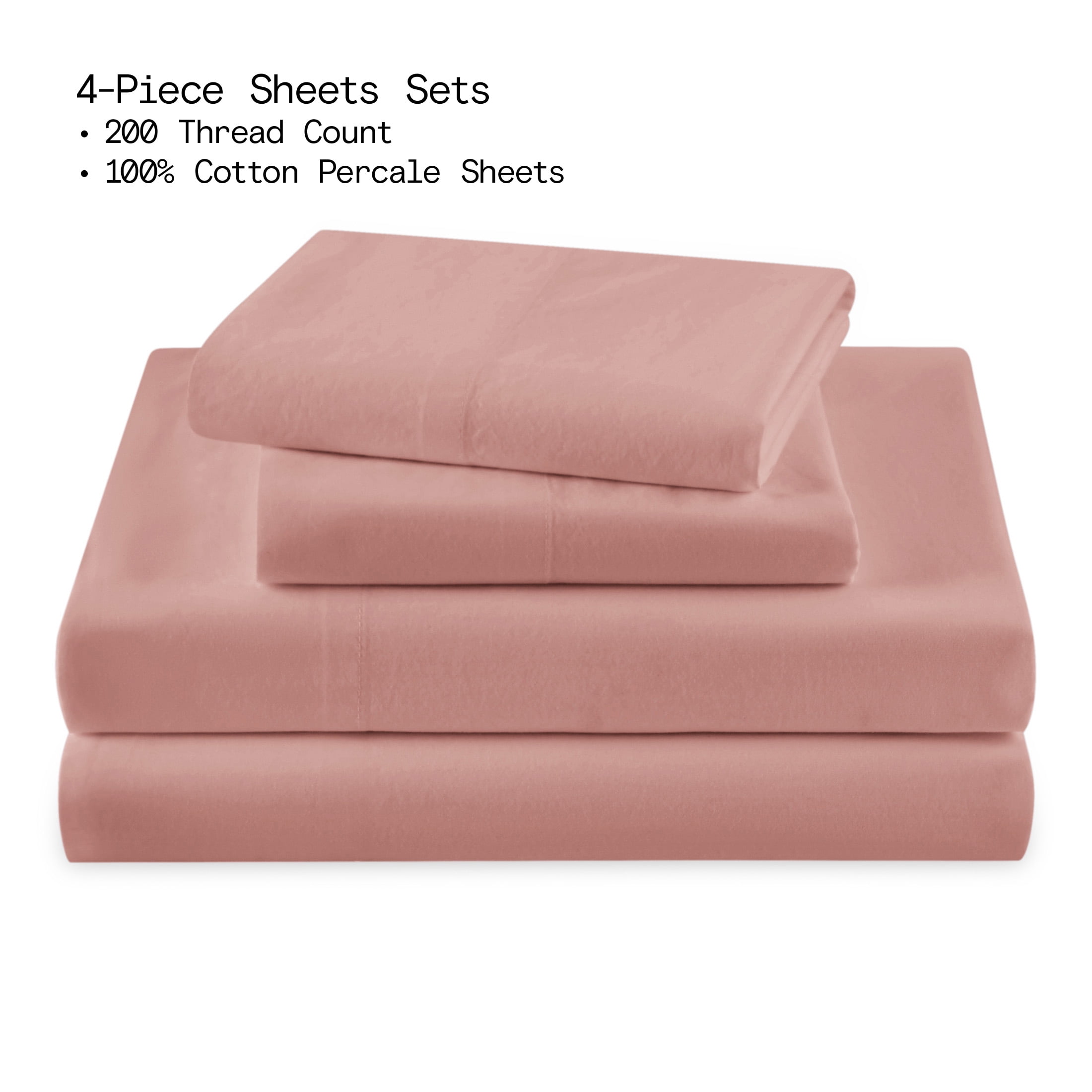 Beautiful Solid 4-Piece 100% Cotton Washed Percale Woodrose Sheet Set, Queen by Drew Barrymore