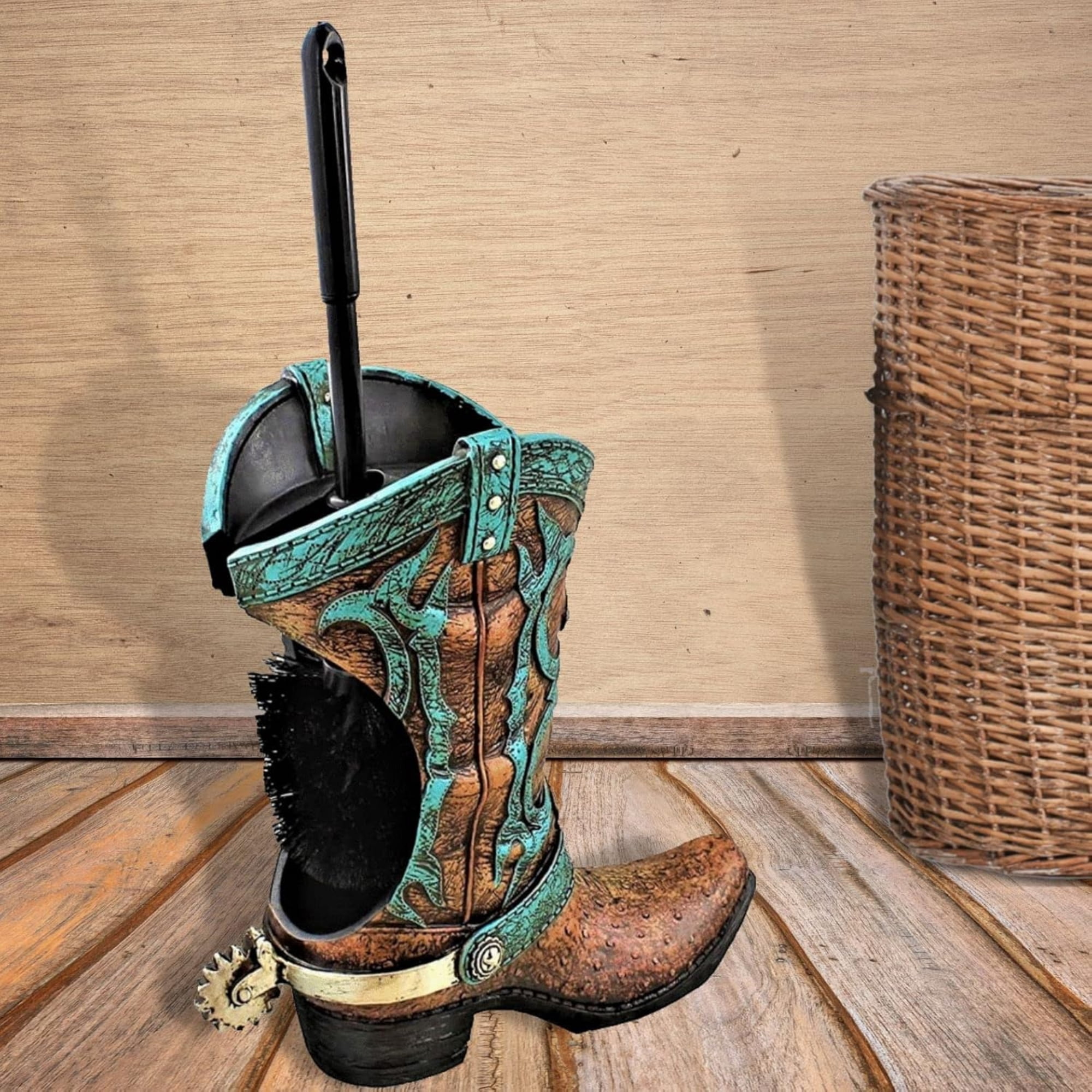 Decorative Western Cowboy Boot Spur Decor Toilet Bowl Cleaner Brush & Holder Set