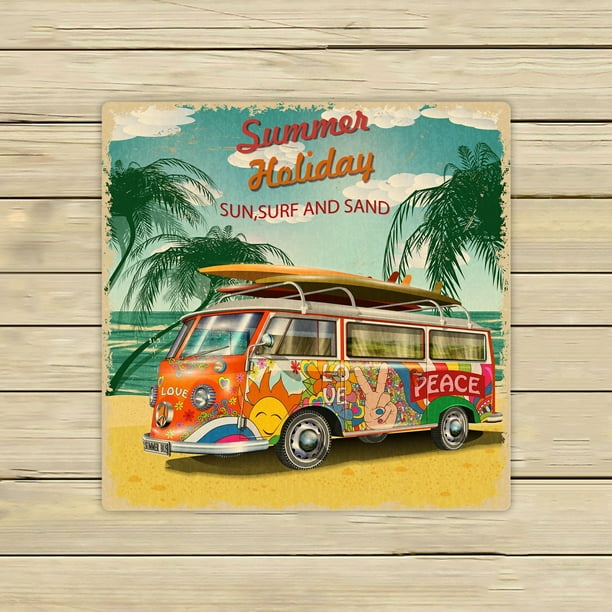 EREHome Summer holidays poster retro bus Beach Bath Towels Shower Towel For  Home Outdoor Travel 13x13 Inch