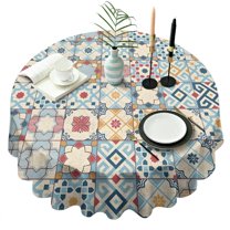 Multicolor Ethnic Geometric Patchwork Pattern Round Tablecloth 60"x60",Wrinkle Wipeable Table Cloth for Kitchen Dining Room Picnic Patio Party