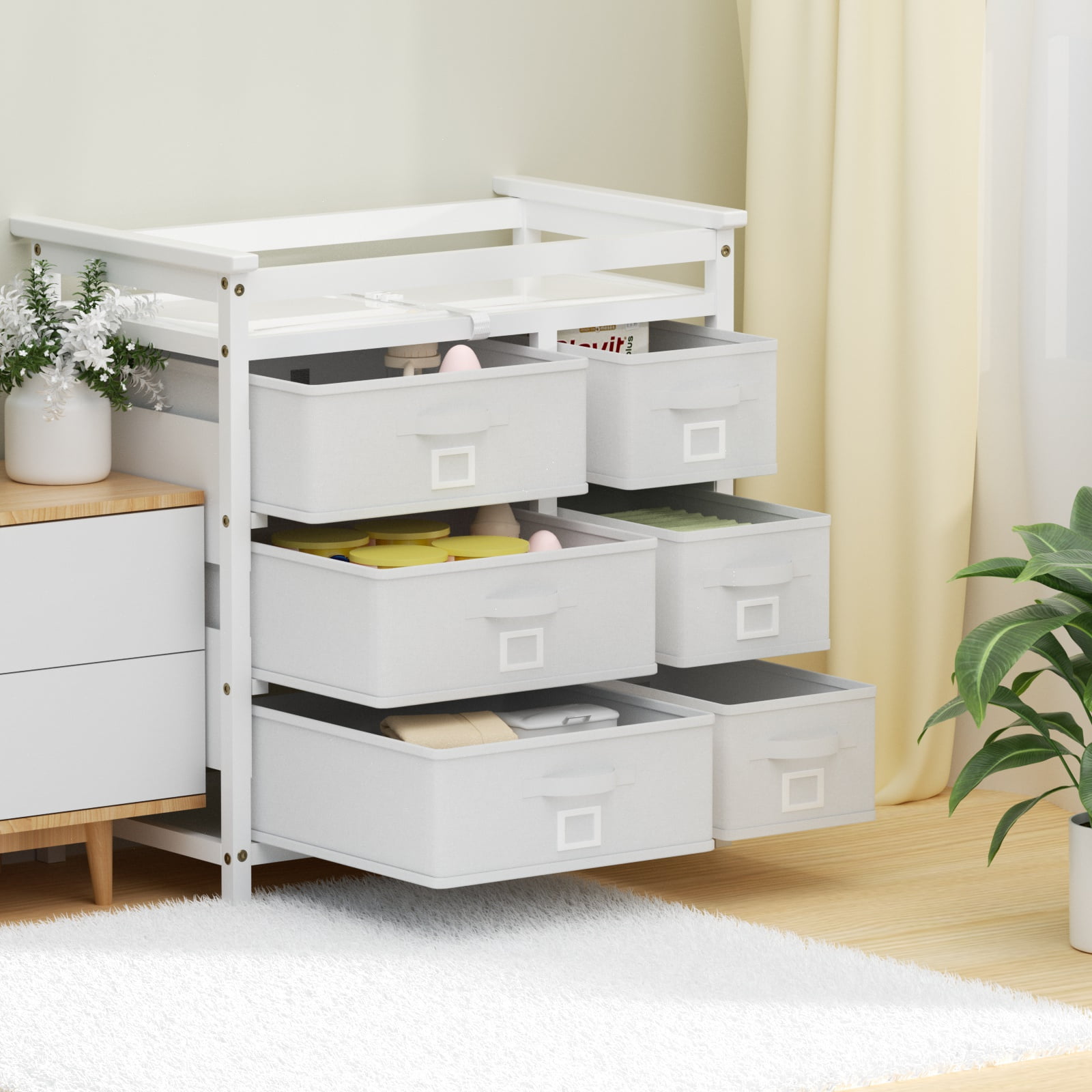 YUFU Baby Changing Table Diaper Changing Station with 6 Fabric Drawers Changing Pad, White