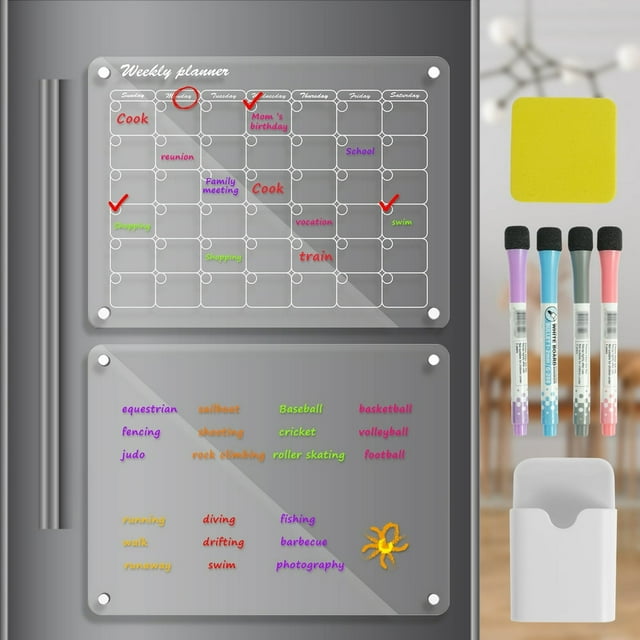 Ensemble de Calendrier Magnétique Acrylique Planification Transparente Tableau Blanc Calendrier Effacement à Sec avec 4 Marqueurs Réutilisables Mensuel / Hebdomadaire Planificateur
