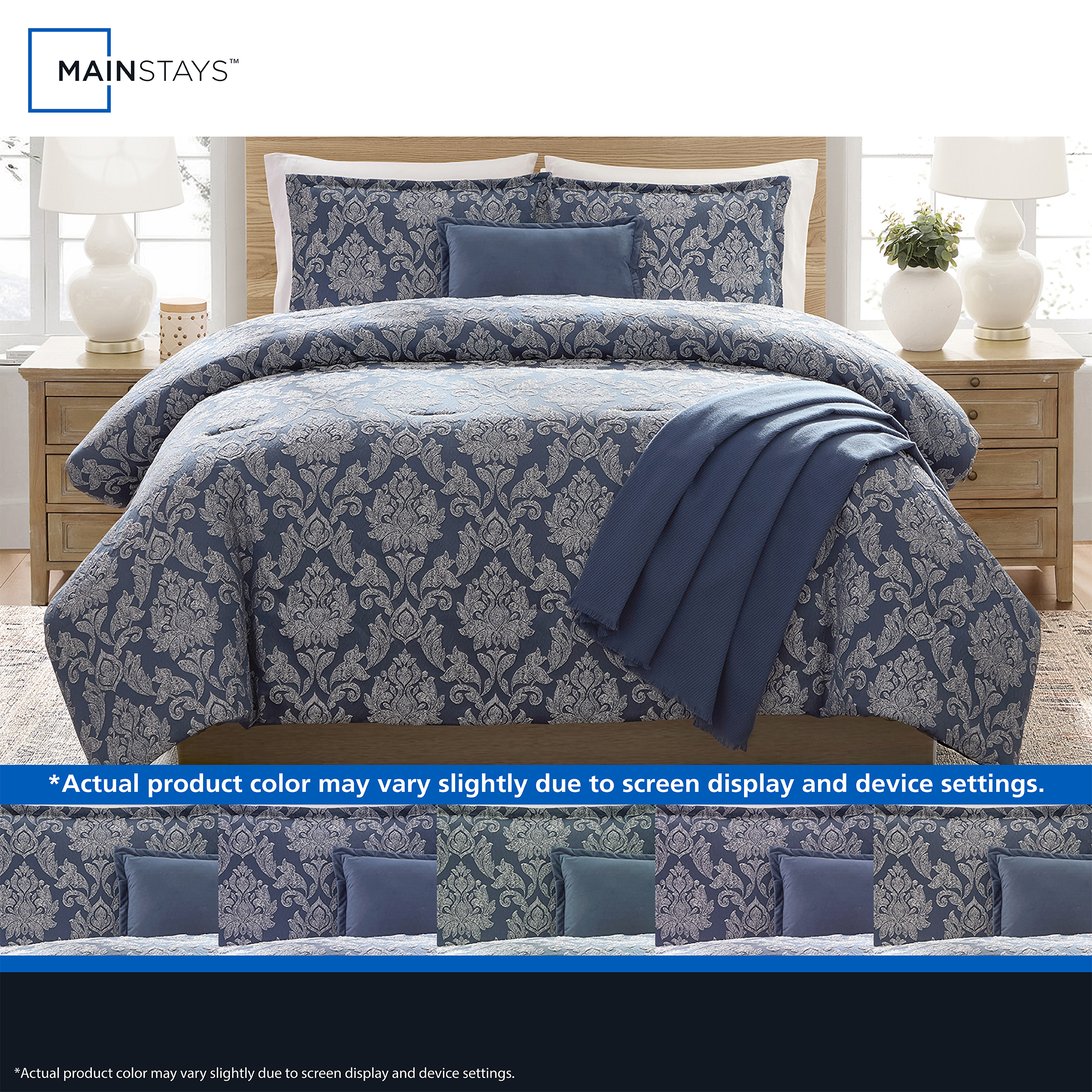 Mainstays Damask 4-Piece Blue Jacquard Comforter Set, Twin/Twin XL