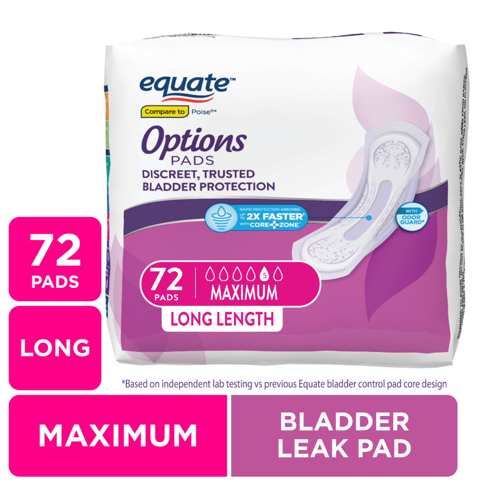 Equate Options Women's Incontinence Pads, Maximum Absorbency, Long Length (72 Count), Compare to Poise®
