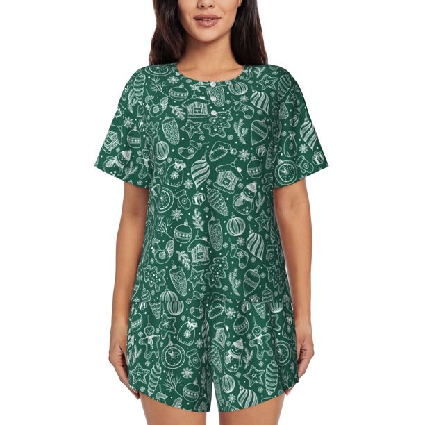 Fotbe Green Christmas Conjunto de Pijama Estampado para Mujer, 2 Piezas, Ropa de Dormir con Camiseta de Manga Corta y Shorts Suaves-XX-Large