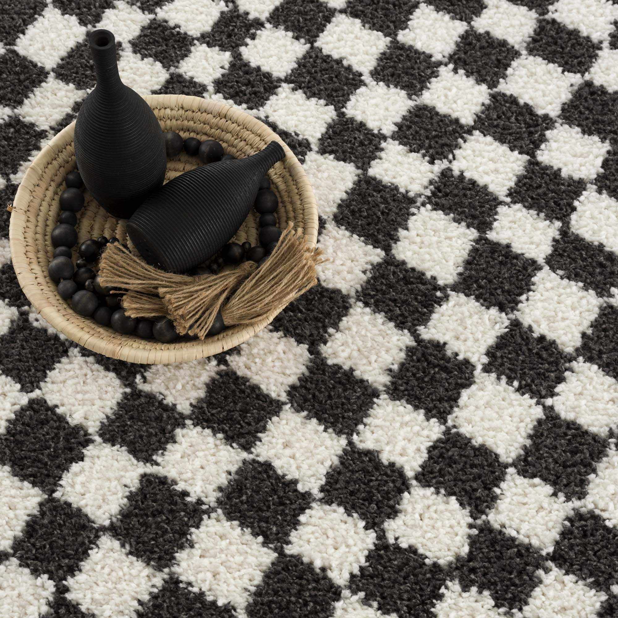 Hauteloom Kieu Contemporary Checkered Fluffy Shag Runner Rug - Modern Geometric Soft Carpet Tiles for Hallway, Kids Room, Nursery - Black, White - 2'7" x 7'3"