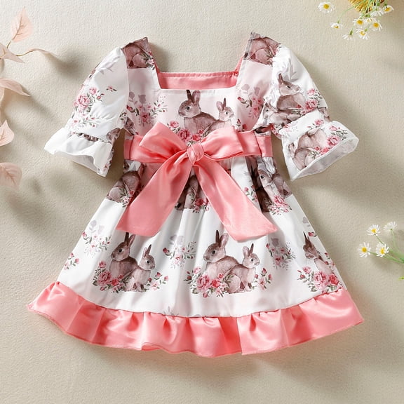 Vedolay Young Girl Dresses Children Clothes Girls Flutter Sleeve Cartoon Printed Toddlers Summer Mickey Bow Dress,Pink 18-24 Months