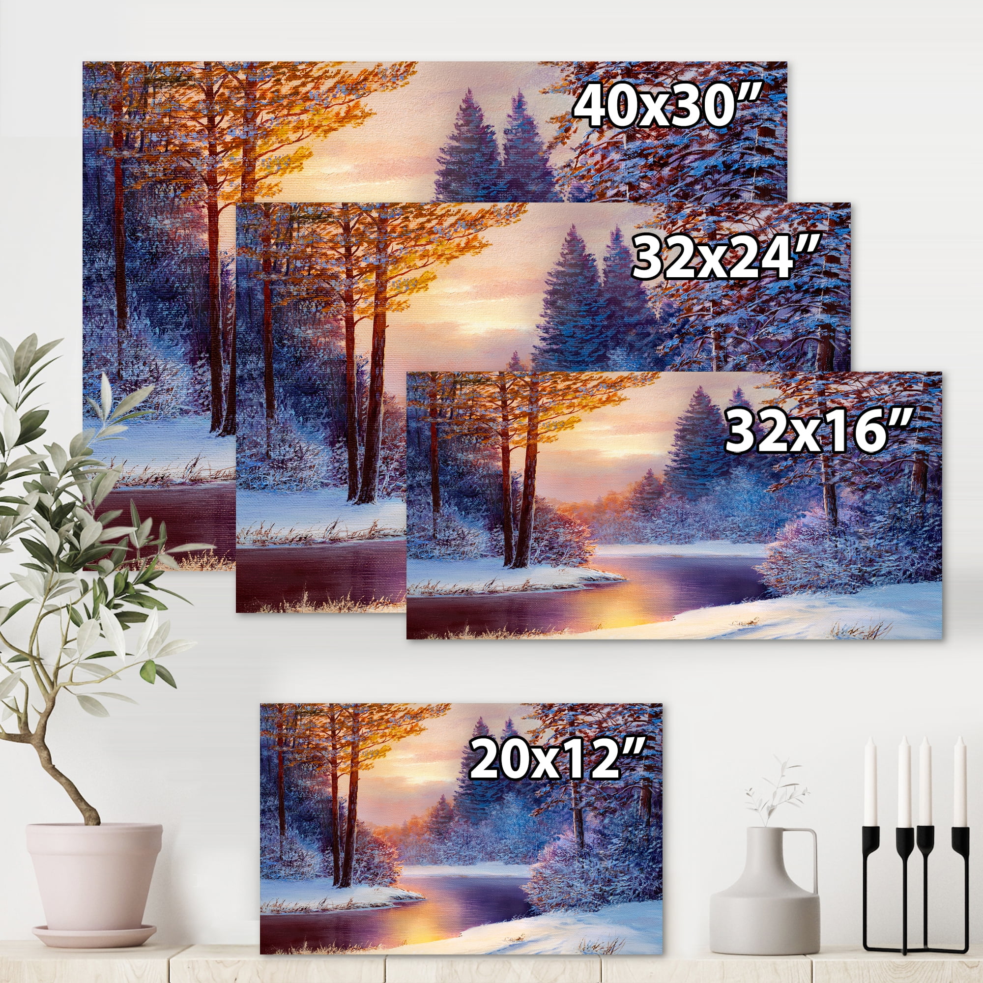 Dark Blue Silhouettes of Trees With Winding River 12 in x 8 in Painting Canvas Art Print, by Designart