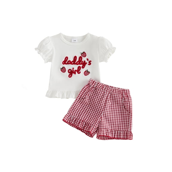 BemeyourBBs Toddler Baby Girl Summer Clothes Daddy's Girl Outfits Puff Short Sleeve Strawberry Embroidery T Shirt Tops and Ruffle Plaid Shorts Set Toddler Girls Spring Summer Outfit