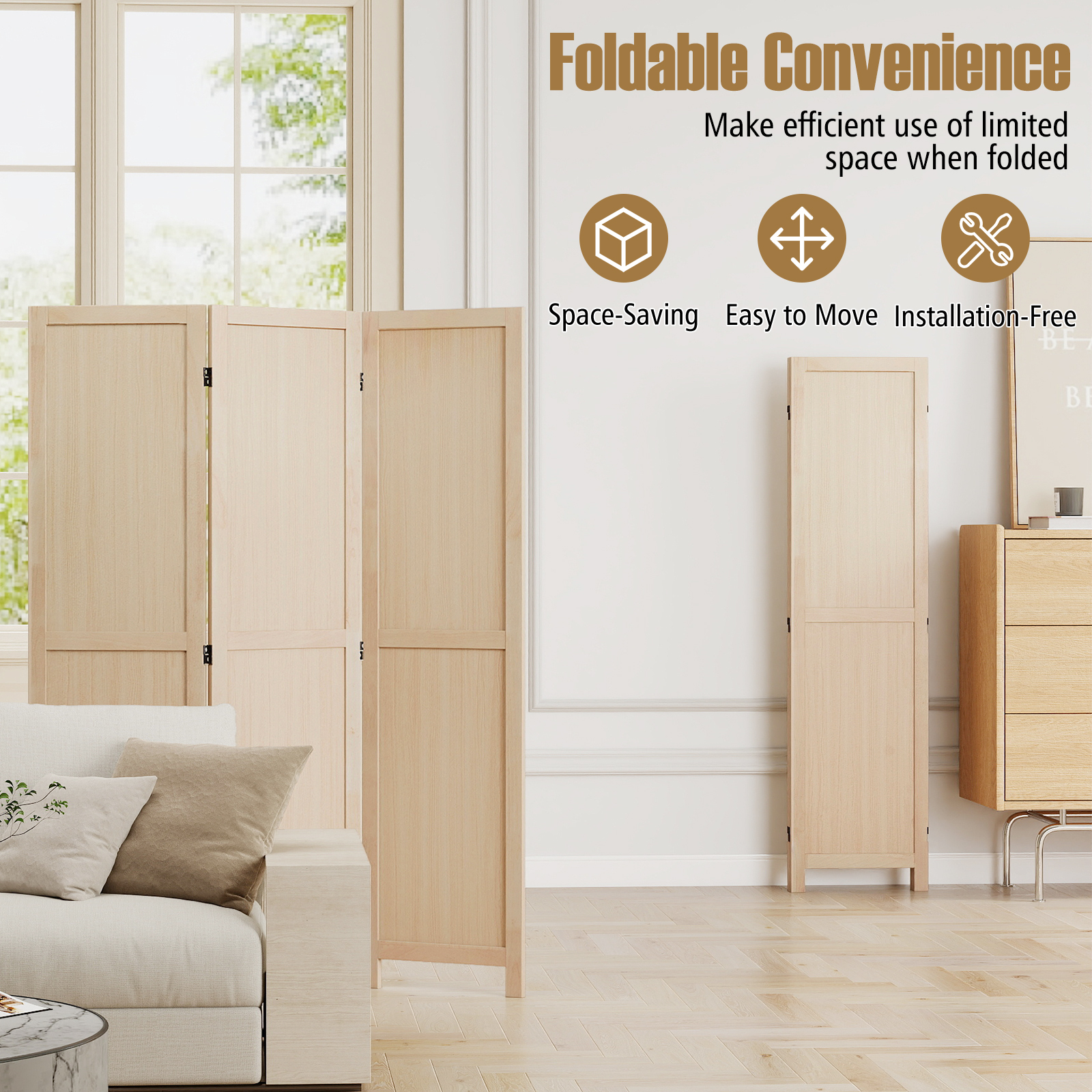 Gymax 3 Panel Folding Room Divider 67''Rubber Wood Privacy Screen for Room Separation