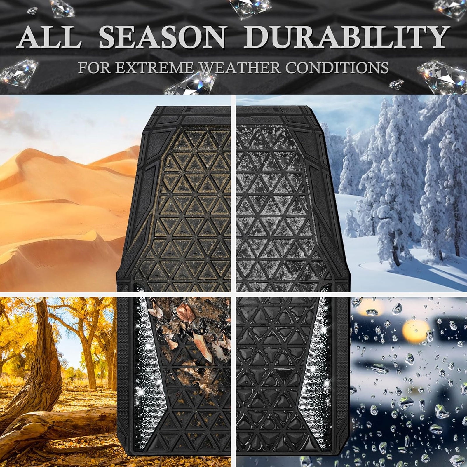 CAR GRAND Bling diamond rubble automotive floor mats full set anti-slip water proof universal fit glitter crystal sparkly shining rhinestone girl woman lady femal Black silver