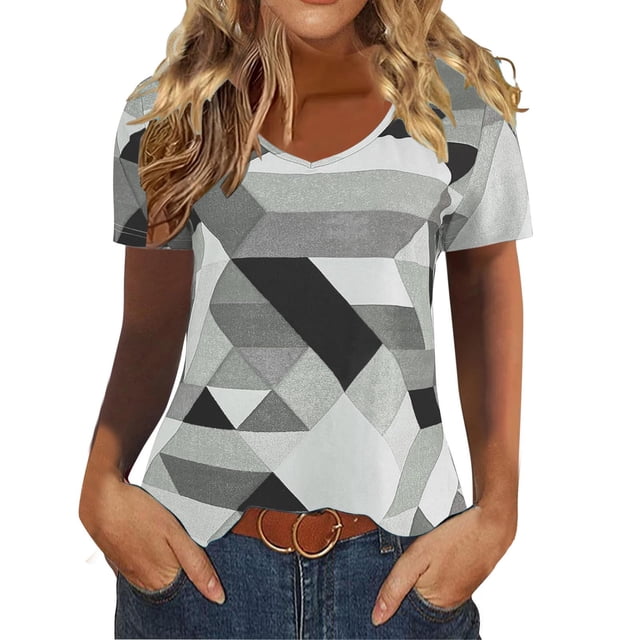 Fiudx Ofertas y Liquidaciones Blusas Casuales de Verano para Mujer, Camiseta Estampada con Cuello En V, Camisetas de Manga Corta