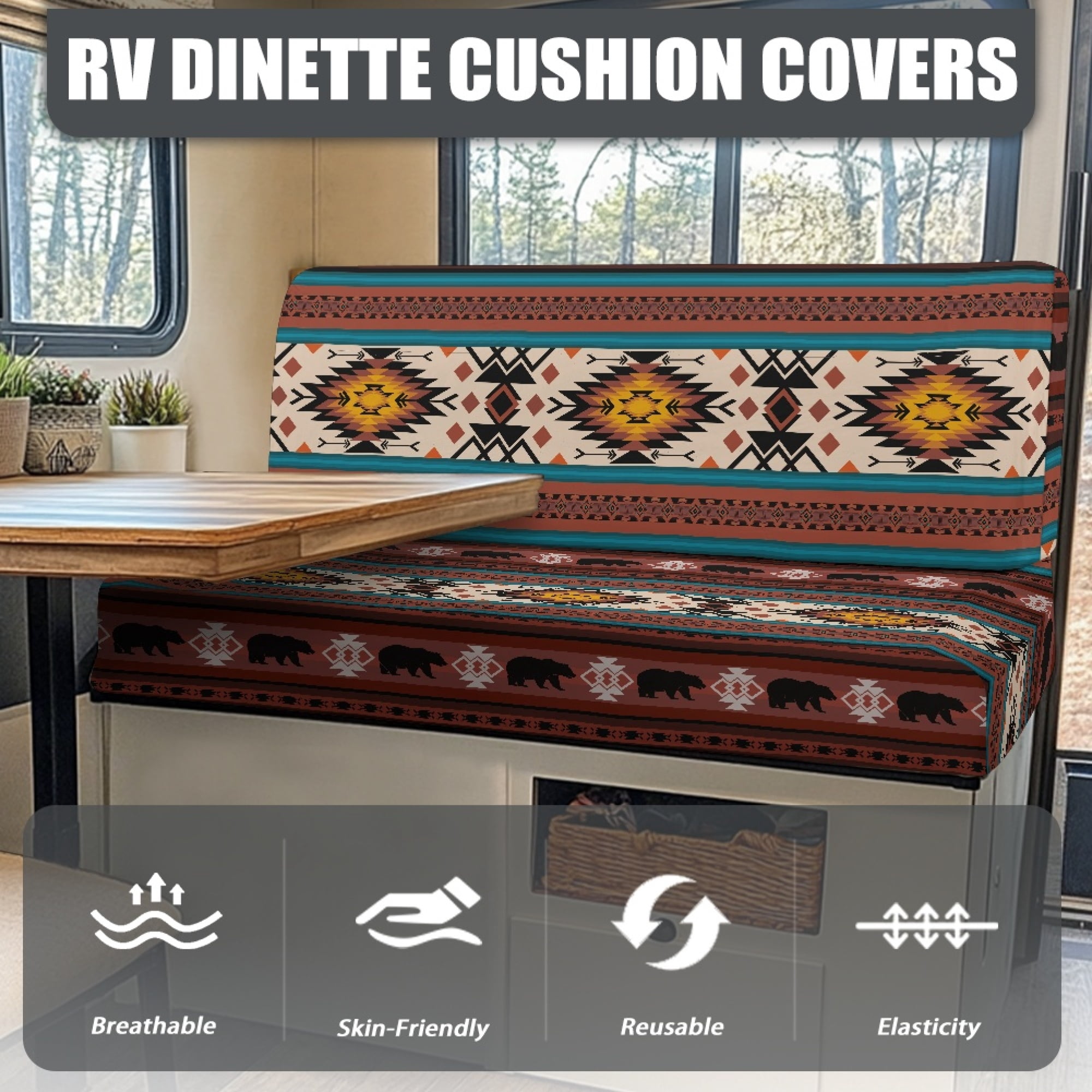 FOR U DESIGNS Bear Amercian Tribal Pattern 2 Pack RV Dinette Cushion Covers Washable Camper Cushion Slipcover Scratch-Resistant Sofa Chair Cover Camper Seat Covers Dinette Booth