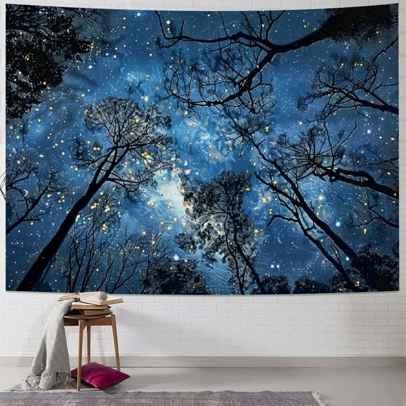 Shiartex Forest Starry Tapestry Night Galaxy Blue Sky Stars Forest Milky Way Tapestries Fantasy Nature Wild Tree Art Wall Hanging for Bedroom Living Room College Dorm Decor Painting