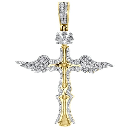 Diamond Crown Charm - 10K Yellow Gold Diamond Cross Wings Pendant Pave Crown Charm 1.90