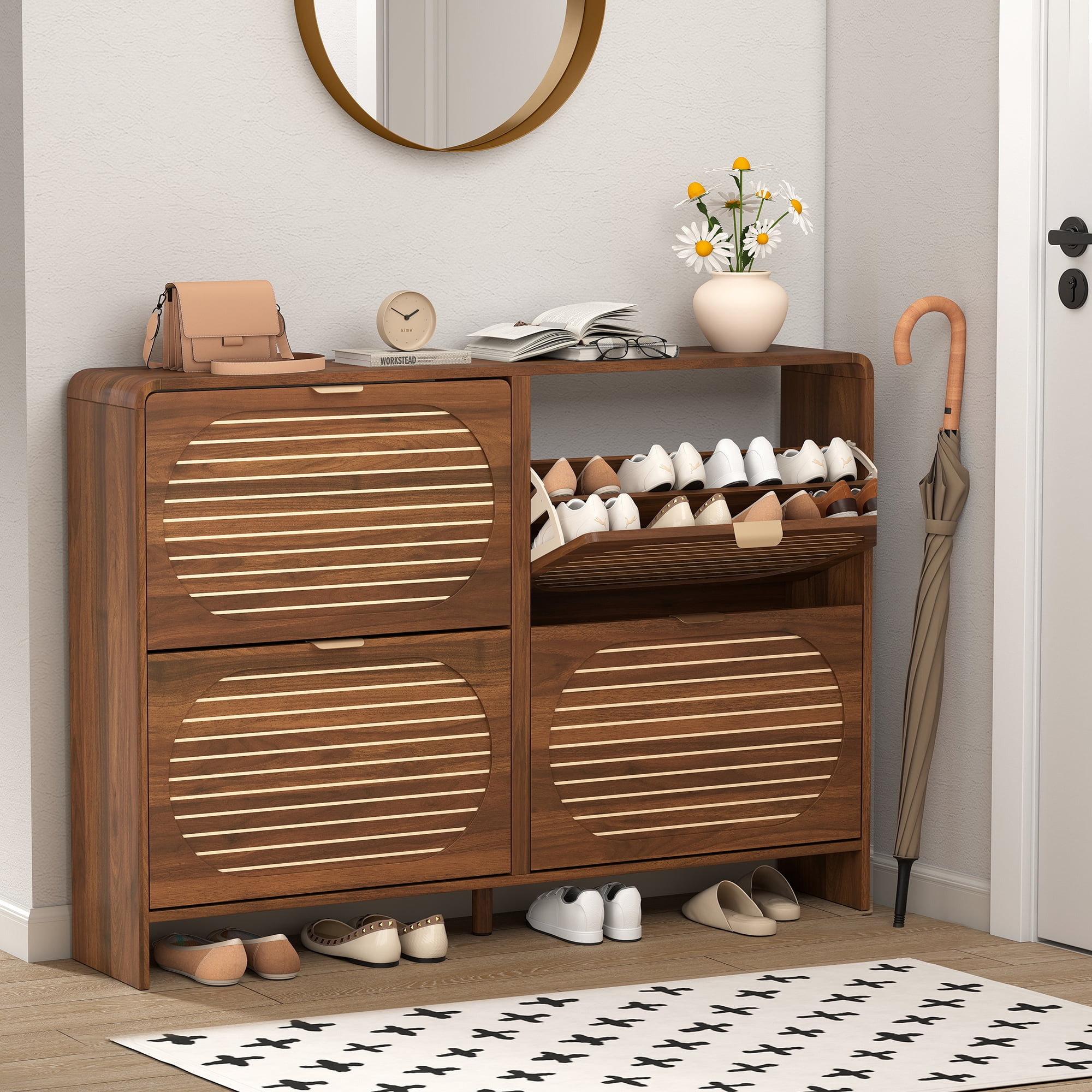 Wirrytor Walnut Curved Oval 4 Flip Drawer Shoe Cabinet, Farmhouse Stripe Pattern Shoe Storage Organizer, Adjustable Shelves Narrow Entryway Shoe Rack With Anti-Tipping Device For Hallway