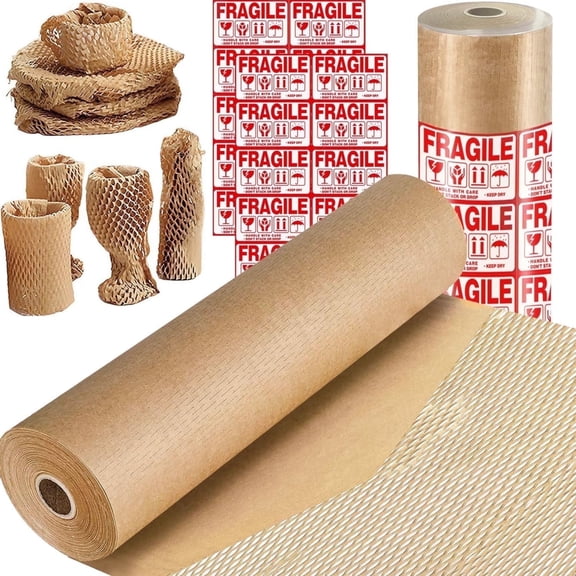 Zcintert Honeycomb Wrapping Paper Roll, 15" x 230', Recyclable Packing Material with 12 Fragile Stickers