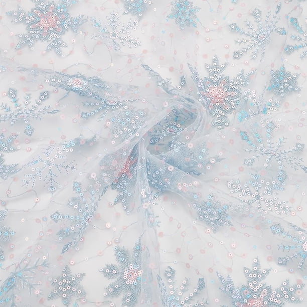 1 yarda de tul con lentejuelas de copos de nieve, 61 pulgadas, tela de organza transparente azul claro, encaje de malla bordado con copos de nieve