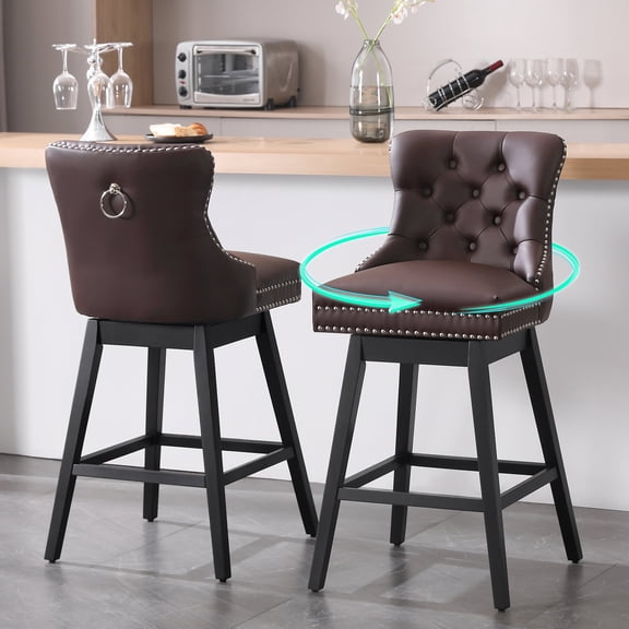 Tewloss 26" Swivel Bar Stools Set of 2 Leather Counter Height Chairs for Home Kitchen Dining, Brown