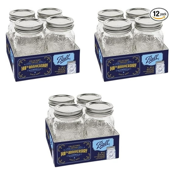 Limited Edition 140th Anniversary Glass Mason Jars, Regular Mouth, Pint Size, 16 OZ, 4-Count, Pack of 3 (12 Jars Total)