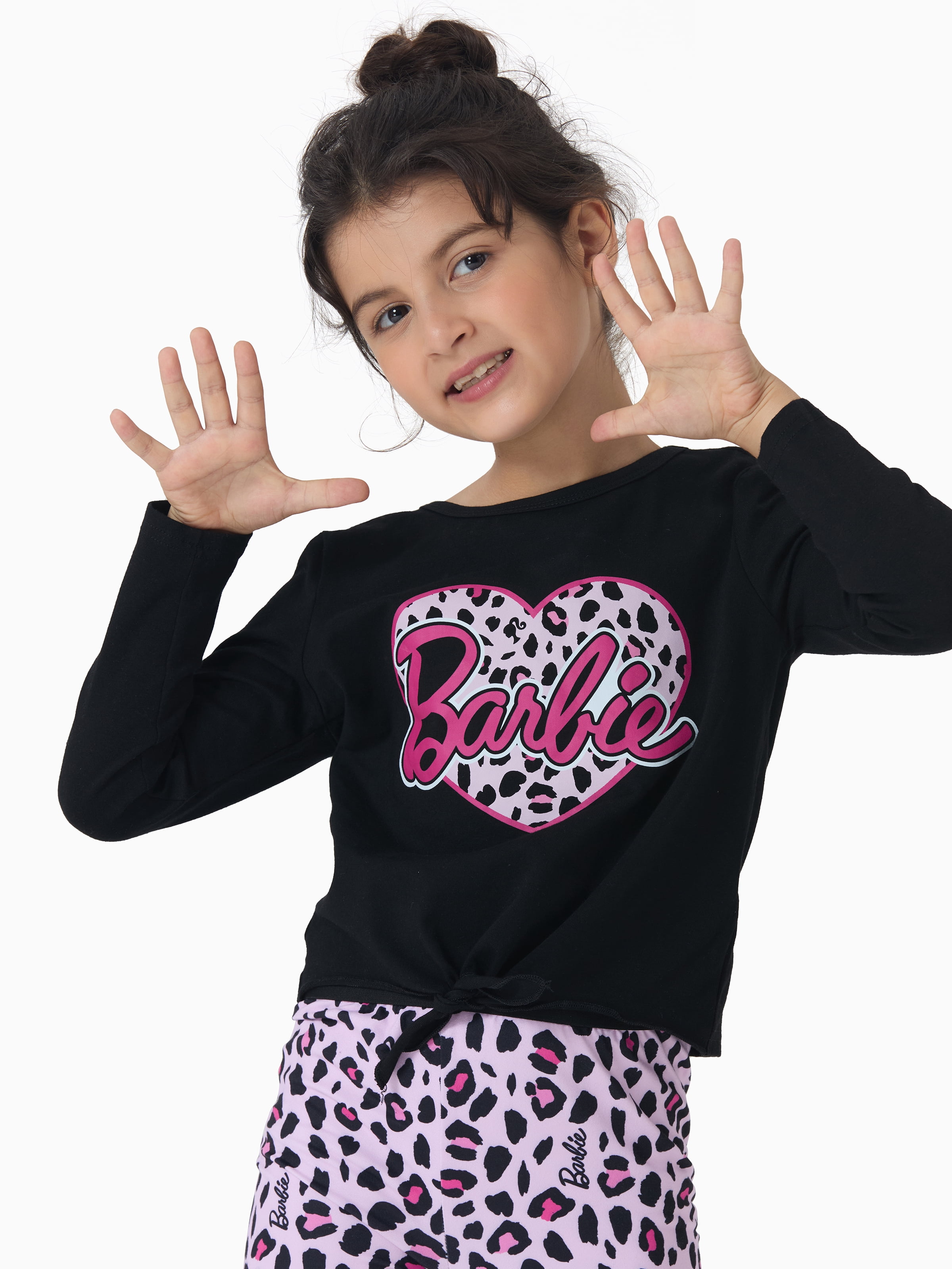 Barbie Girls Long Sleeve Graphic Tee Leopard Heart And Legging 2Pcs Casual Outfit Set Black Pink Sizes 5-12Y