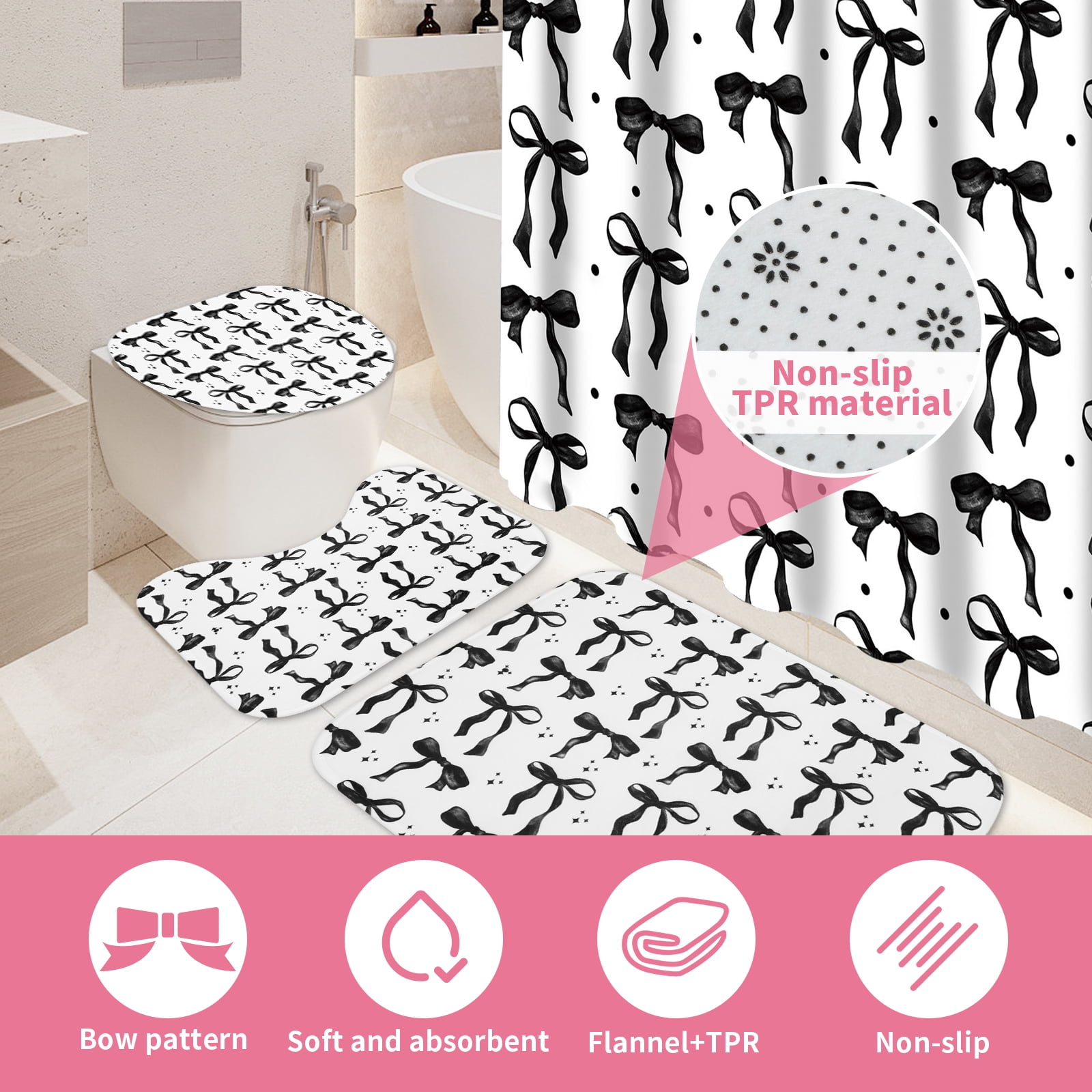 Dznils Black Bow Shower Curtain and Rug Sets, 16pc Modern Fabric Bathroom Curtain Sets, 72" x 72"