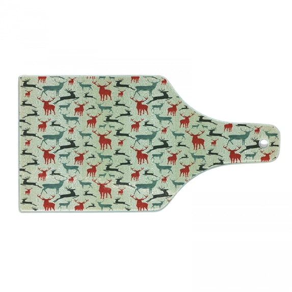 Deer Cutting Board, Winter Season Animal Silhouettes in Various Stances Jumping Standing Running Wooden, Tempered Glass Cutting and Serving Board, Wine Bottle Shape, Multicolor, by Ambesonne
