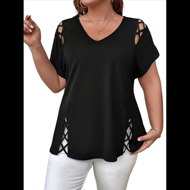 Blusas Tipo Túnica de Corta para Mujer, con Escote en V Recortado, Elegantes, Informales, Holgadas y Largas Negro XXL