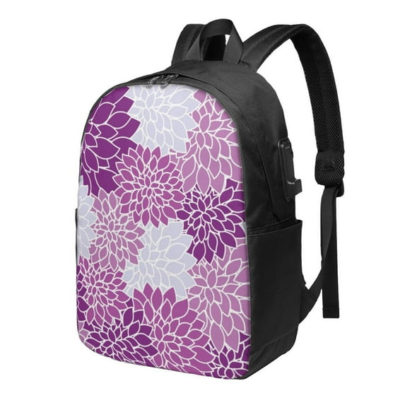 YFYANG 17" Laptop Backpack, Purple Vintage Flower Pattern Fashion Travel Work Backpack with USB and Headphone Cable Interface for Men and Women