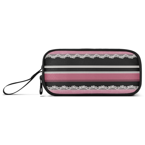Pink and Black Stripes with Lace Pencil Case Stationary Holder Pen Bag Pencil Pouch Tool Organizer 3 Compartments