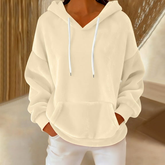 Women's Flannel Hooded Sweatshirt, Drop Shoulder Oversized Pullover, Soft Brushed Fleece Hoodie, Casual Loose Fit Sweater, Solid Color Lounge Hoodie for Women Beige L