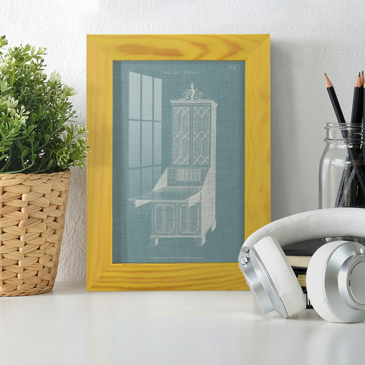 Hepplewhite Desk & Bookcase IV - Framed Print w/glass - Sunflower Yellow