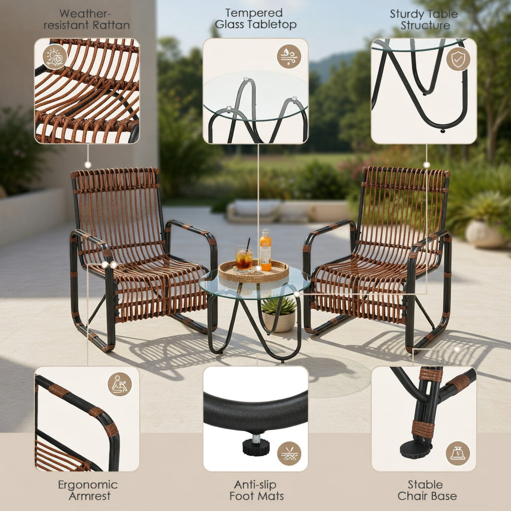 Hommoo 3-Piece Outdoor Rattan Patio Furniture Set, 2 Ergonomic Wicker Chairs + Tempered Glass Side Table for Balcony, Garden & Poolside， Brown & Black