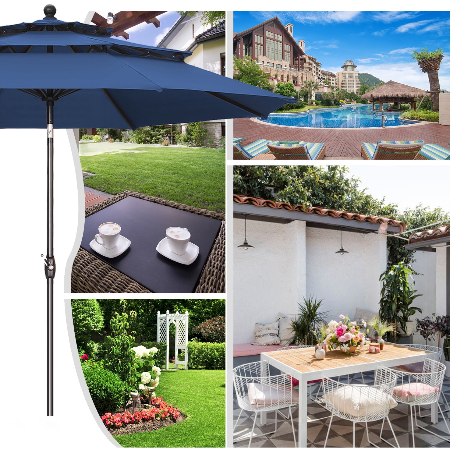 Autlaycil 10ft Navy Blue Patio Umbrella and Base with Push Button Tilt and Crank, 8 Sturdy Ribs UV Protection Waterproof for Garden, Table, Pool