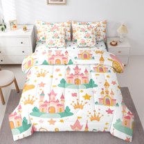 Erosebridal Pink Castle Bed in a Bag, Fairy Tale Bed Set, Princess Crown Reversible Comforter Sets, Lightweight Room Decor, 7 Pieces