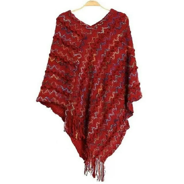 Foulard Rouge pour Femmes Poncho à Franges avec Franges Châle Tricoté Foulard Frangée Chandail Cape Cadeaux pour Femmes Chandail Ourlet à Franges Cape Châle